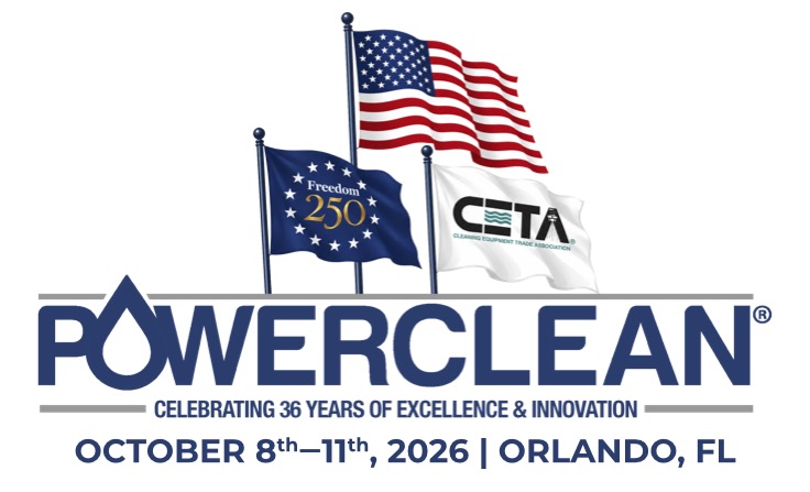Event banner for PowerClean conference with three flags above the PowerClean logo and the dates October 8–11, 2026 in Orlando, Florida (36 years of excellence & innovation).
