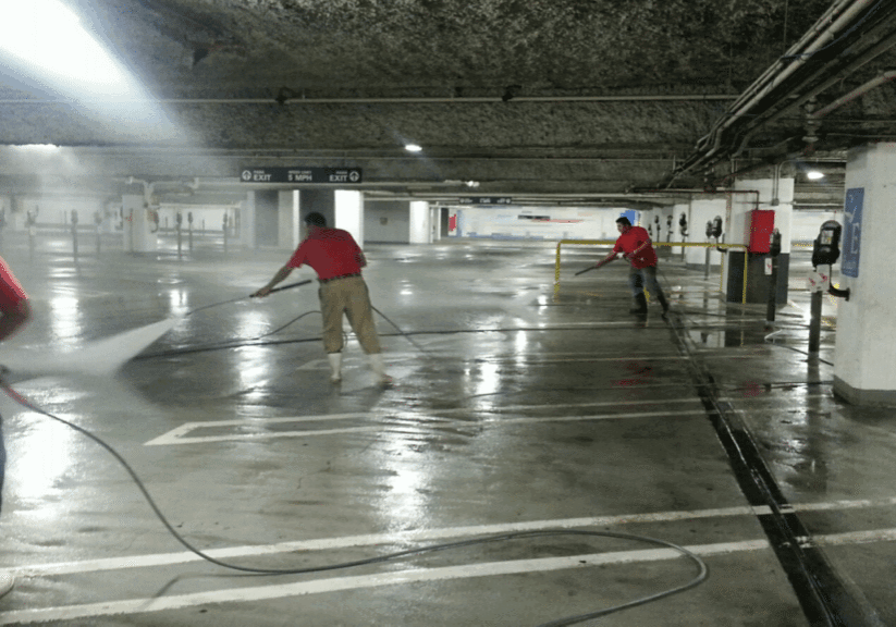 The Area's Top Provider Of Quality Parking Garage Cleaning & Maintenance Services. Parking Garages should be cleaned in the Northeast at least once a year, and in high traffic garages twice a year, due to the salts and other contaminants that get into the garage surfaces. They eventually get absorbed into the concrete parking surfaces and soon will cause the rebar to rot out. When this happens the concrete begins to leak,crack and in the worse case scenario the garage itself can be condemned. We use state of the art hot and cold water powerwashing machines ranging up to 4000 PSI with up to 200+ degree water, surface machines and any cleaning solutions needed for all parking garage cleaning. Our knowledgeable staff is experienced on how to lighten or when possible remove stains completely. Each Parking Garage cleaning is approached based upon the existing conditions, and we will use the correct products and methods specific to your facility's cleaning and maintenance requirements.